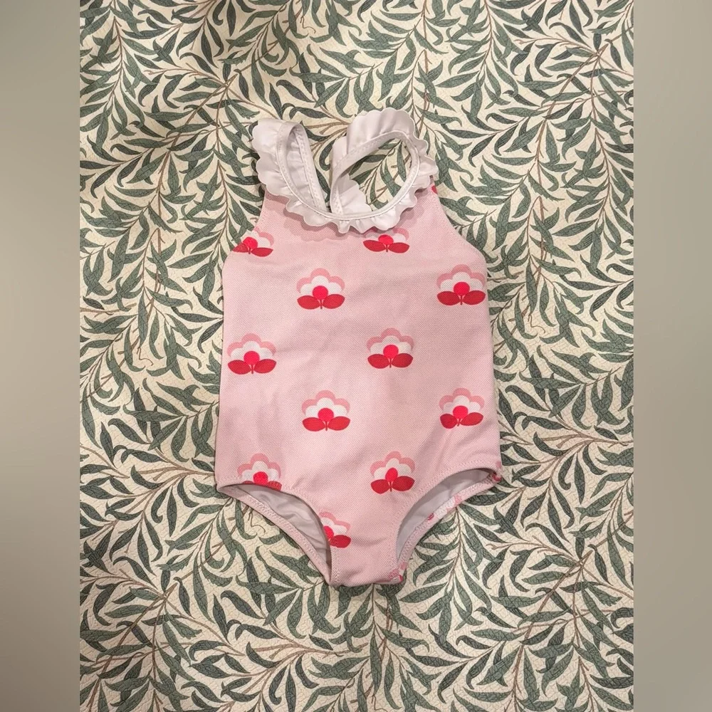Jacadi Baby Girl Ruffle Swimsuit 3-6M Pink Floral One Piece Infant Swim